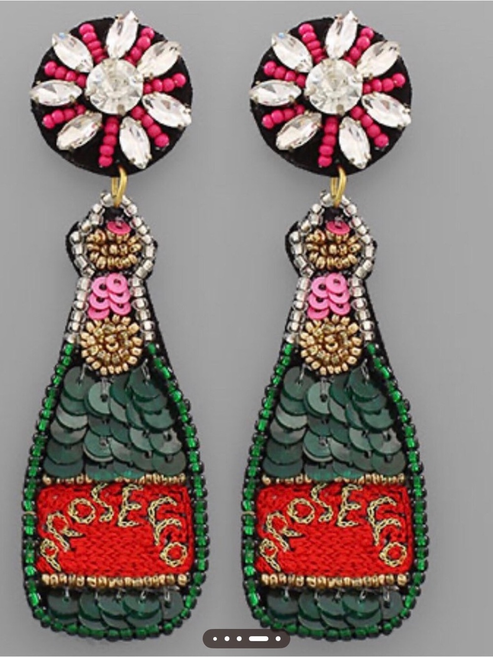 Prosecco Bottle Earrings Made with Sequins, Rhinestones,& Seed Beads
